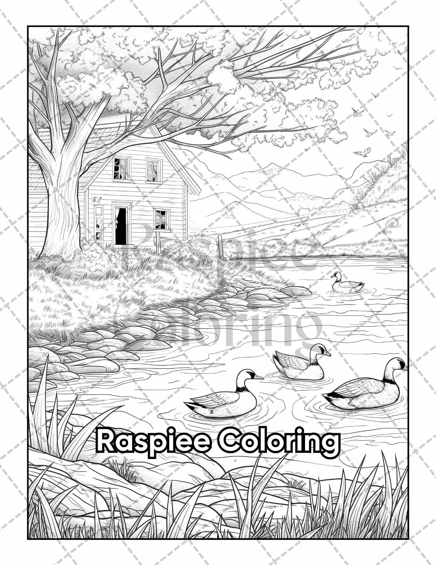 50 Country Farm Scenes Adult Coloring Pages Printable PDF Instant Download