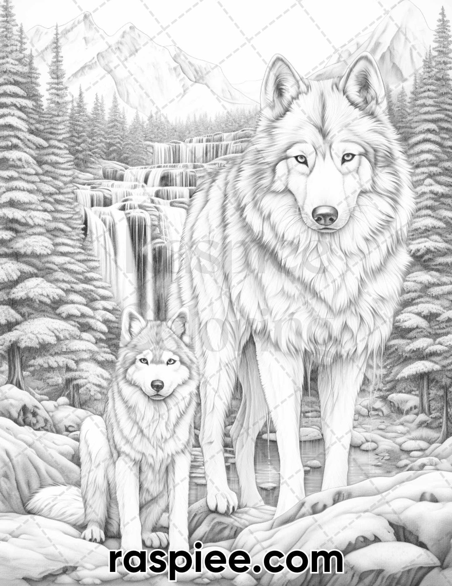 50 Winter Wolf Grayscale Coloring Pages for Adults, Printable PDF Instant Download
