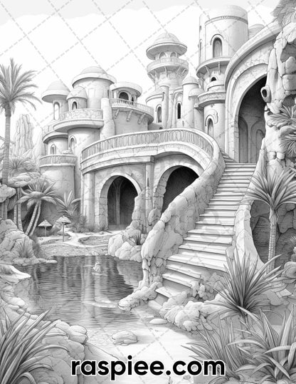 55 Desert Oasis Fairy Homes Grayscale Coloring Pages for Adults, Printable PDF Instant Download