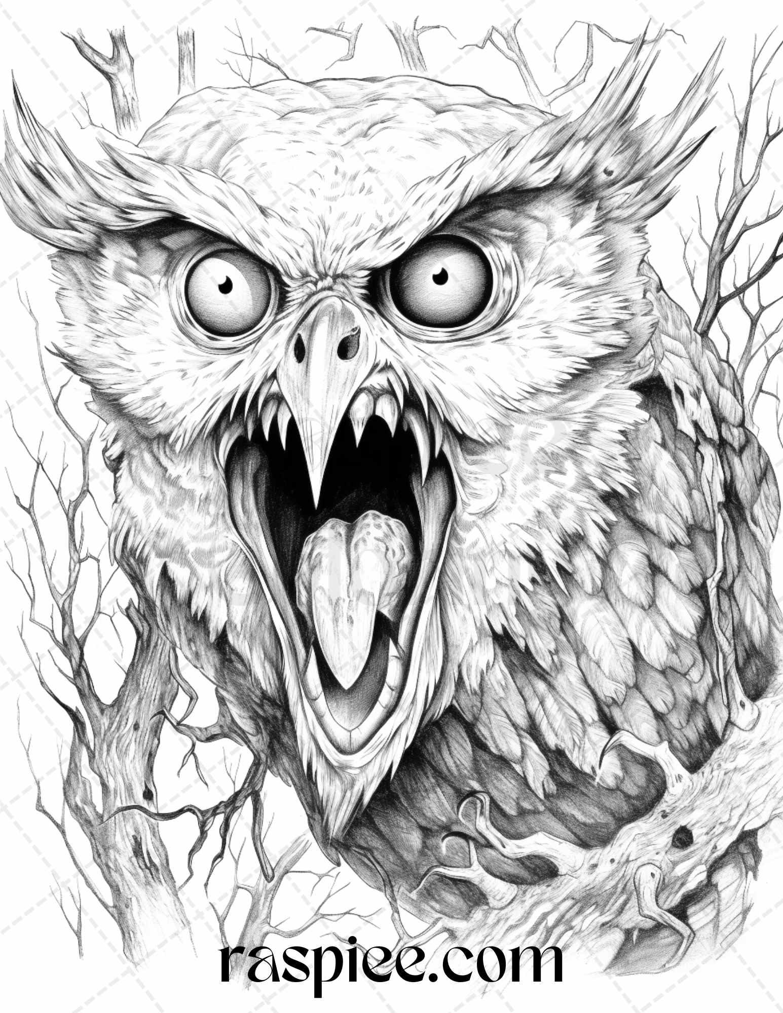 66 Horror Zombie Animals Grayscale Coloring Pages Printable for Adults, PDF File Instant Download