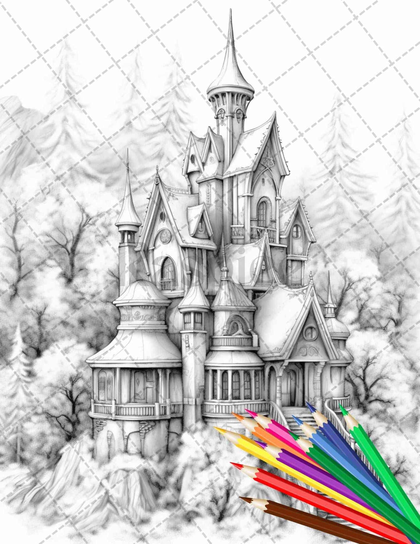 63 Winter Fairy Houses Grayscale Coloring Pages Printable for Adults, PDF File Instant Download