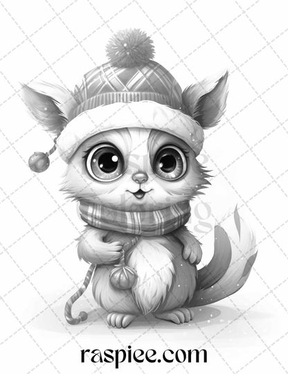 70 Christmas Critters Grayscale Coloring Pages Printable for Adults and Kids, PDF File Instant Download