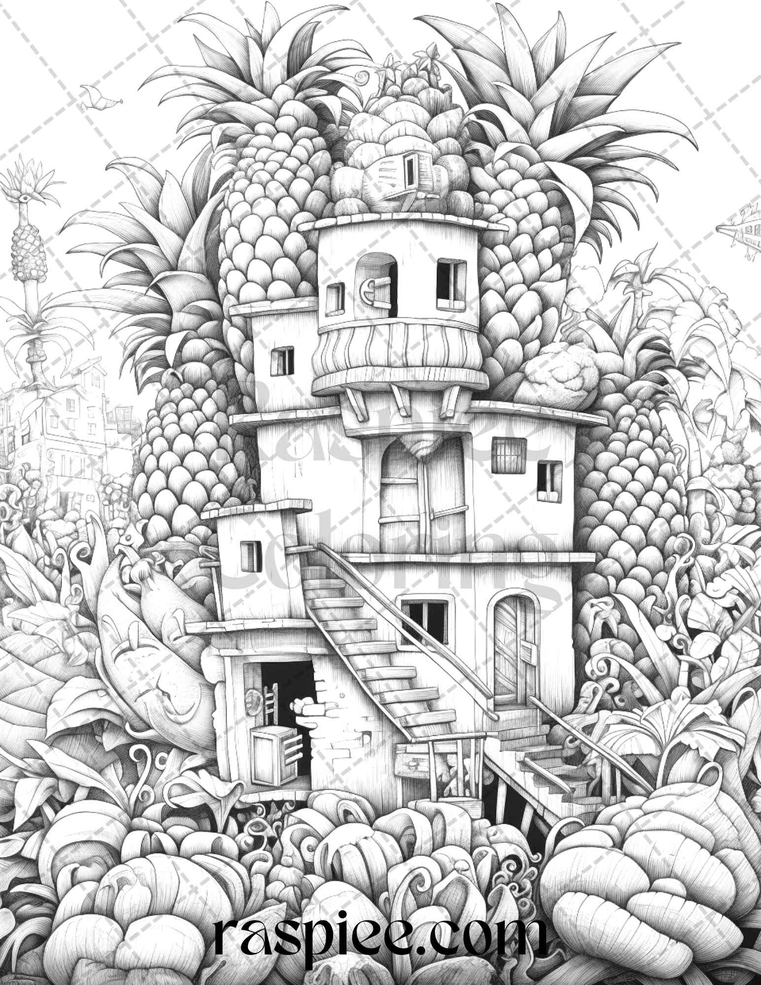 50 Pineapple Houses Grayscale Coloring Pages Printable for Adults, PDF File Instant Download