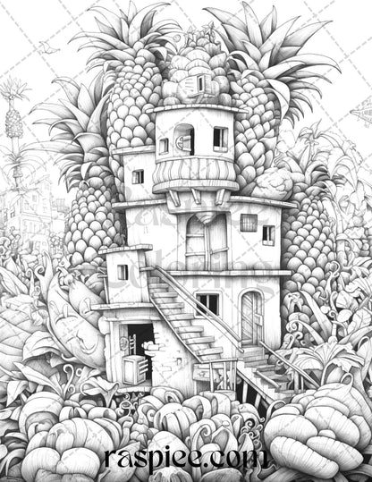 50 Pineapple Houses Grayscale Coloring Pages Printable for Adults, PDF File Instant Download