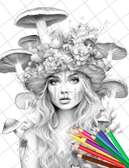 50 Mushroom Fairy Grayscale Coloring Pages Printable for Adults, PDF File Instant Download
