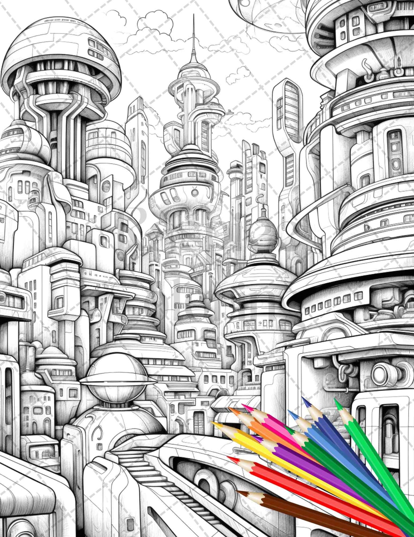 50 Futuristic Metropolis Grayscale Coloring Pages Printable for Adults, PDF File Instant Download
