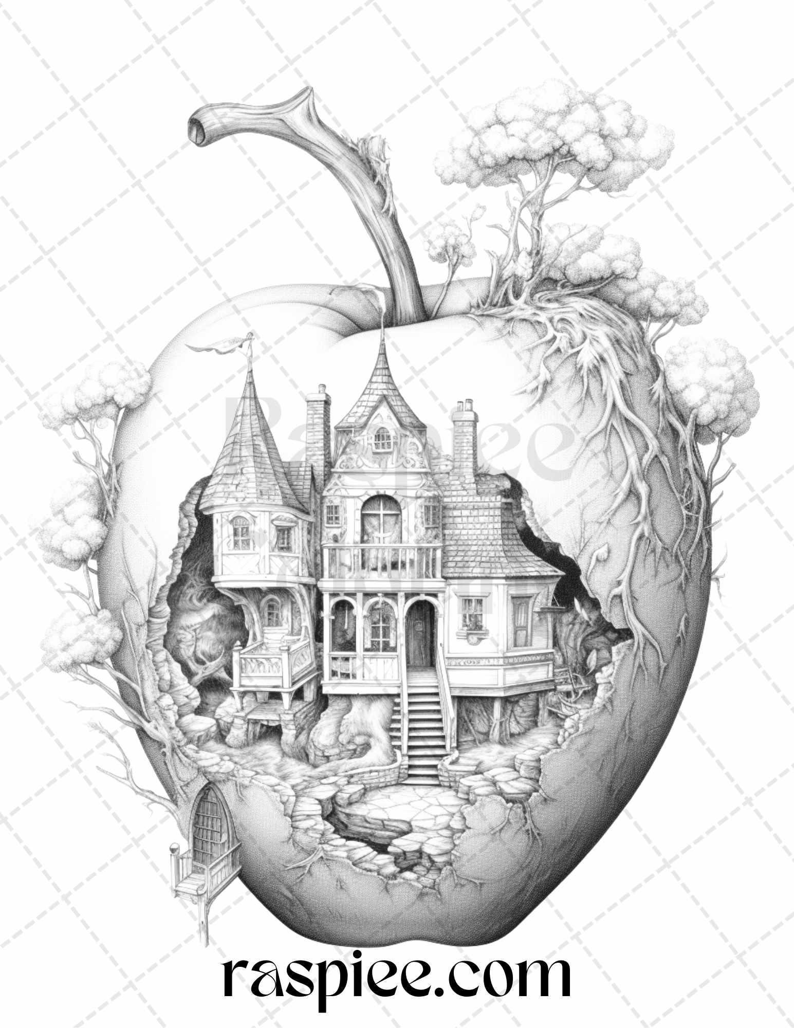 60 Miniworld in the Apple Grayscale Coloring Pages Printable for Adults, PDF File Instant Download