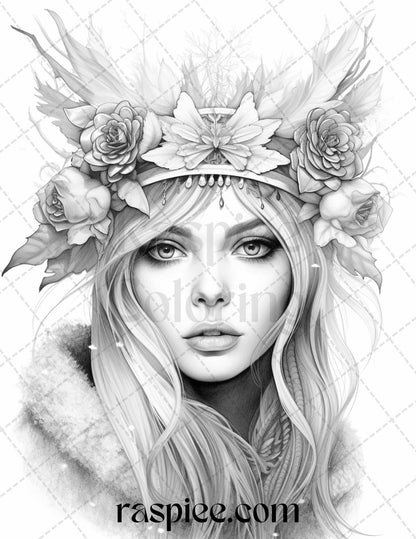 50 Winter Fairy Grayscale Coloring Pages Printable for Adults, PDF File Instant Download