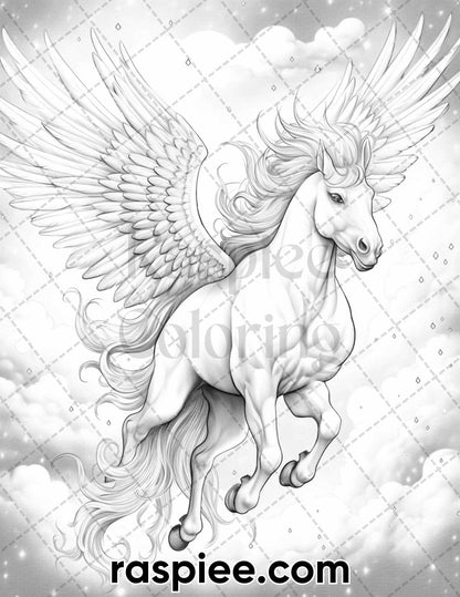 60 Mythical Creatures Grayscale Coloring Pages for Adults, Printable PDF Instant Download