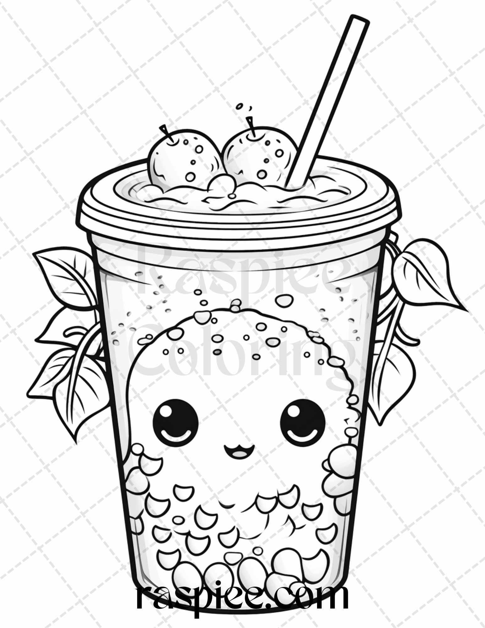 50 Cute Kawaii Boba Tea Grayscale Coloring Pages for Adults and Kids, Printable PDF File Instant Download