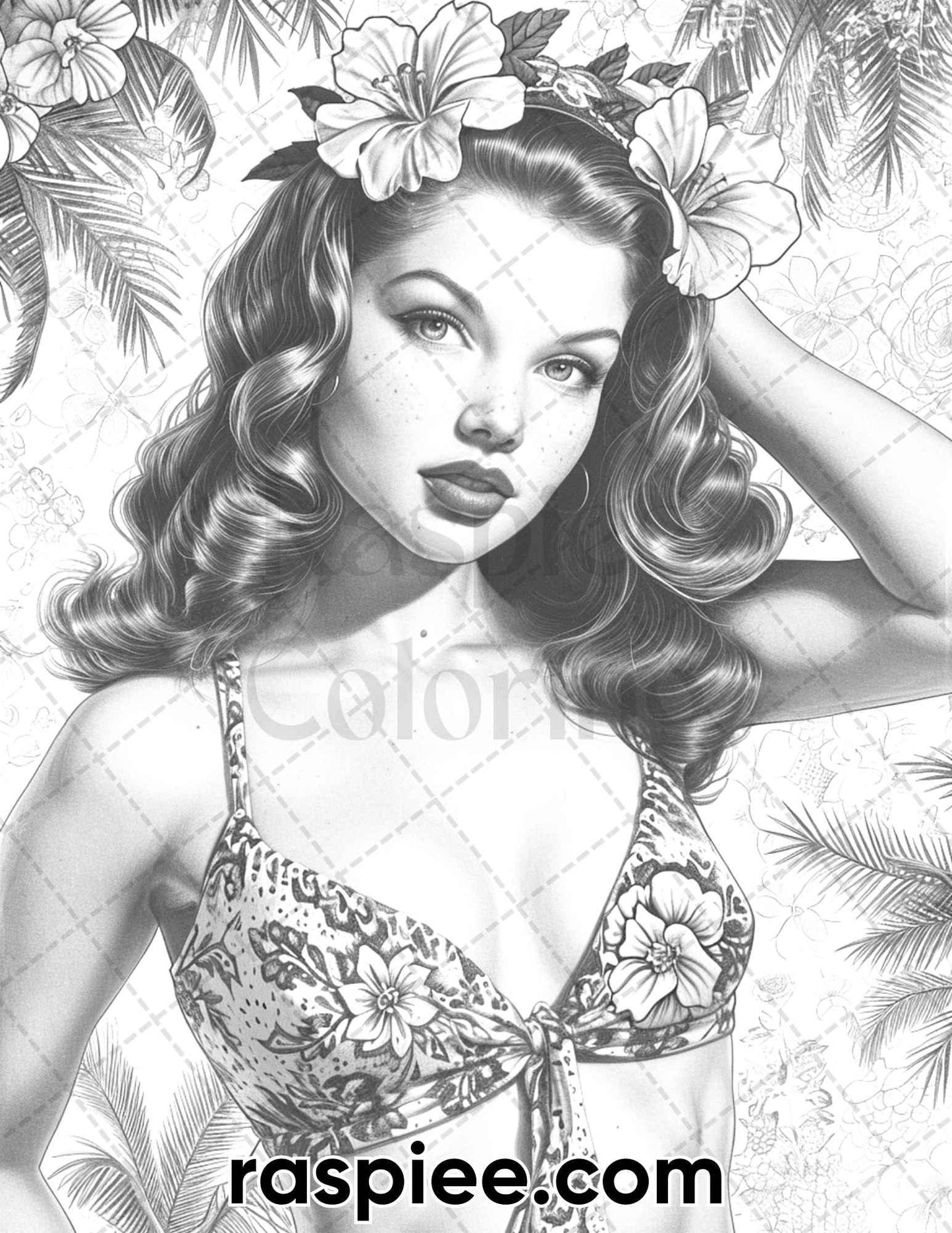 50 Vintage Spring Pin Up Girls Grayscale Adult Coloring Pages, Printable PDF Instant Download