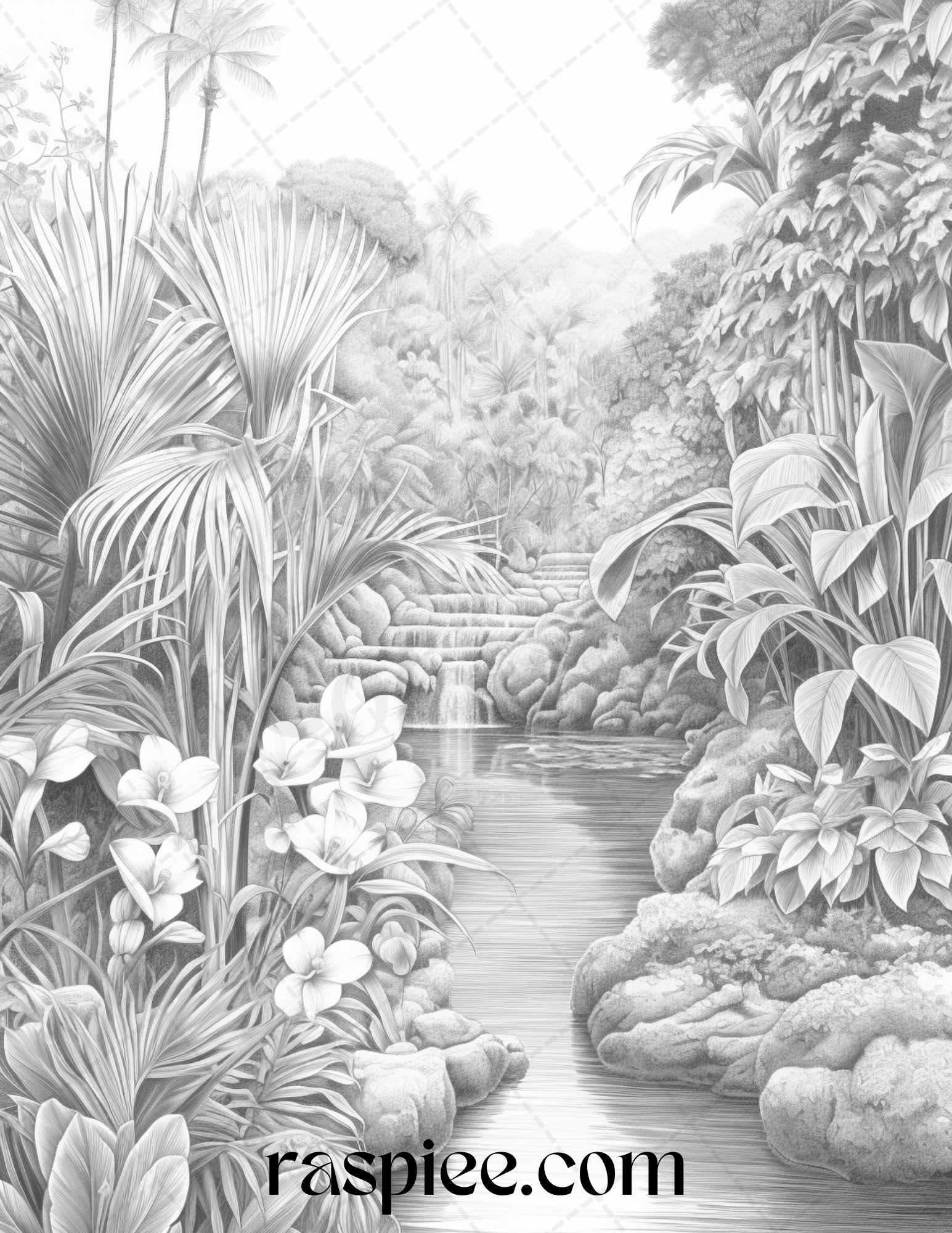 52 Tropical Oasis Grayscale Coloring Pages Printable for Adults, PDF File Instant Download