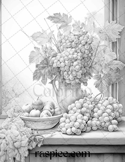 52 Still Life Grayscale Coloring Pages Printable for Adults, PDF File Instant Download