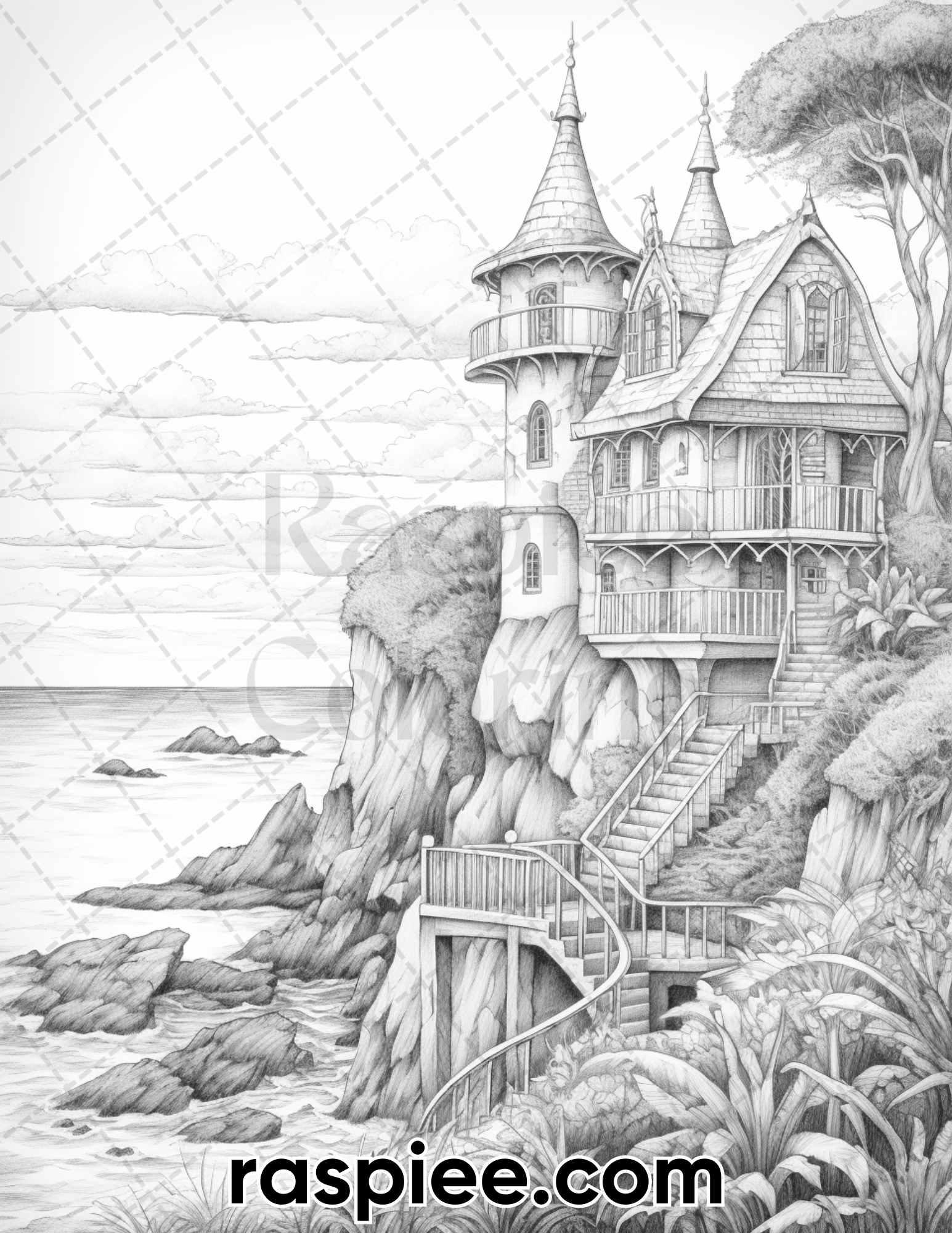 50 Fairy Beach Houses Grayscale Coloring Pages for Adults, Printable PDF Instant Download