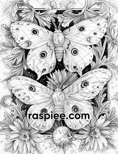 77 Butterflies and Moths Grayscale Adult Coloring Pages, Printable PDF Instant Download