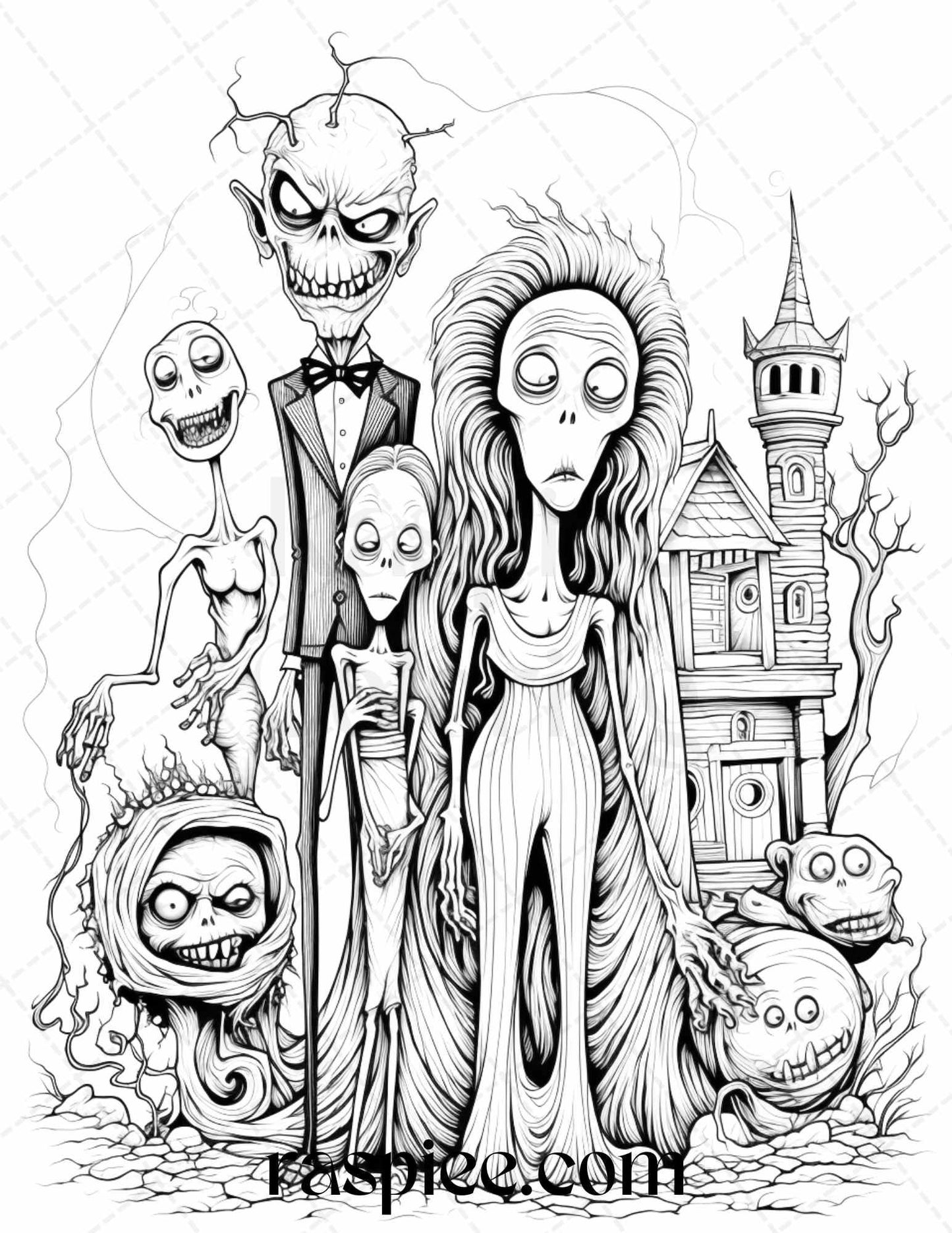 50 Monster Family Grayscale Coloring Pages Printable for Adults - Instant Download, Halloween Coloring Book, Fun and Spooky Designs