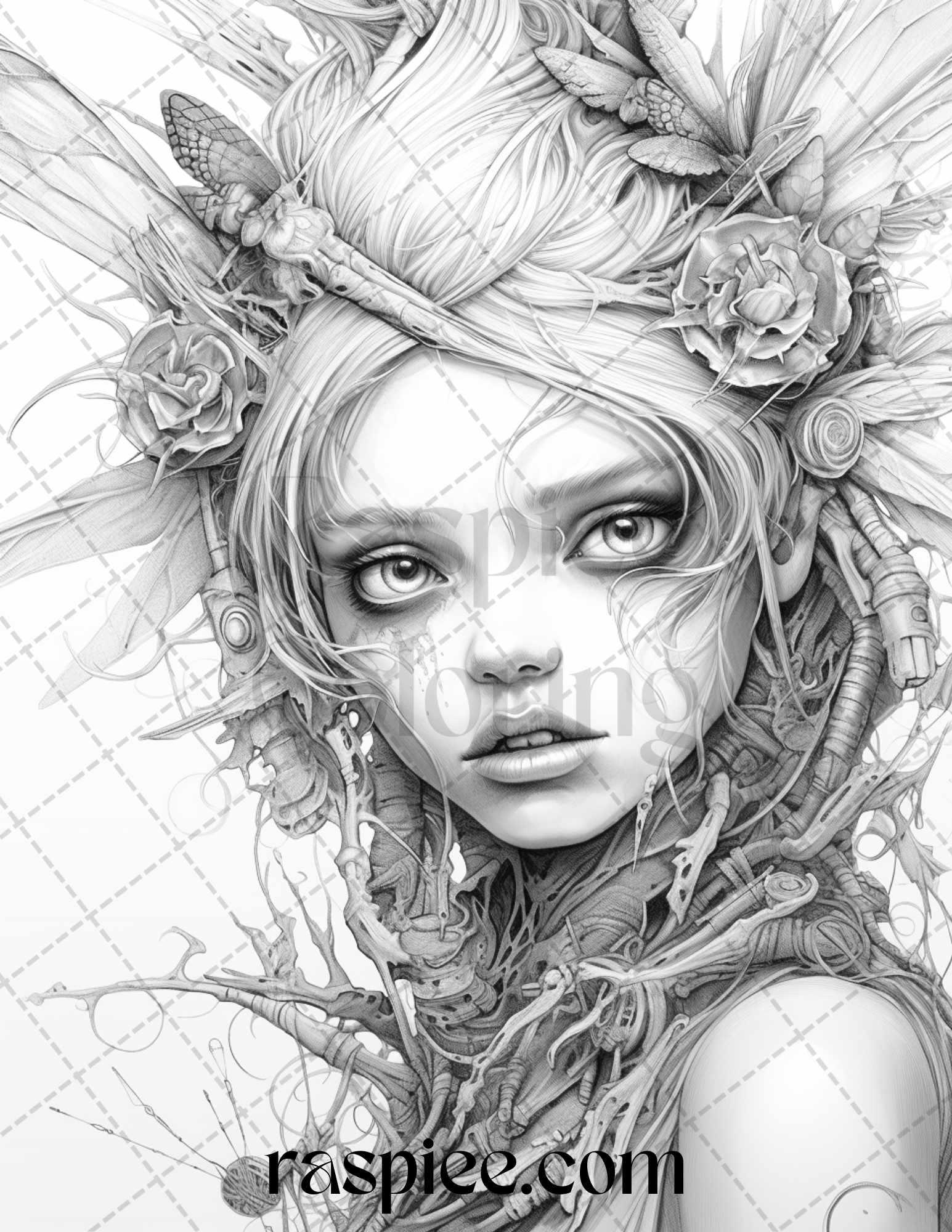 60 Halloween Zombie Fairy Grayscale Coloring Pages Printable for Adults, PDF File Instant Download