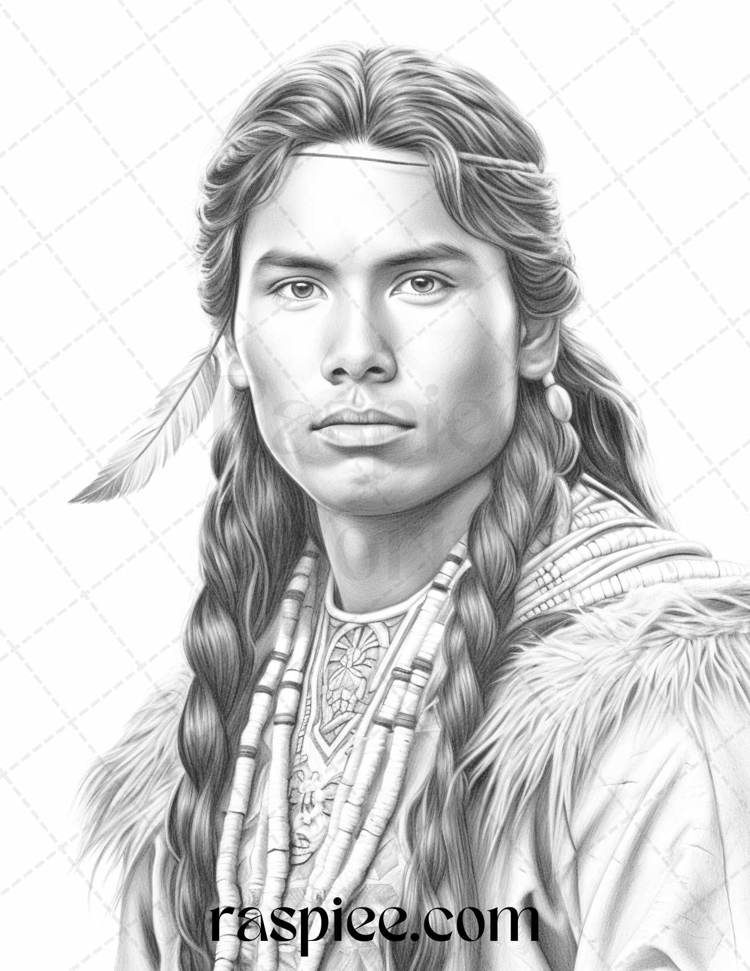 Native American Portrait Grayscale Coloring Pages Printable for Adults, PDF File Instant Download