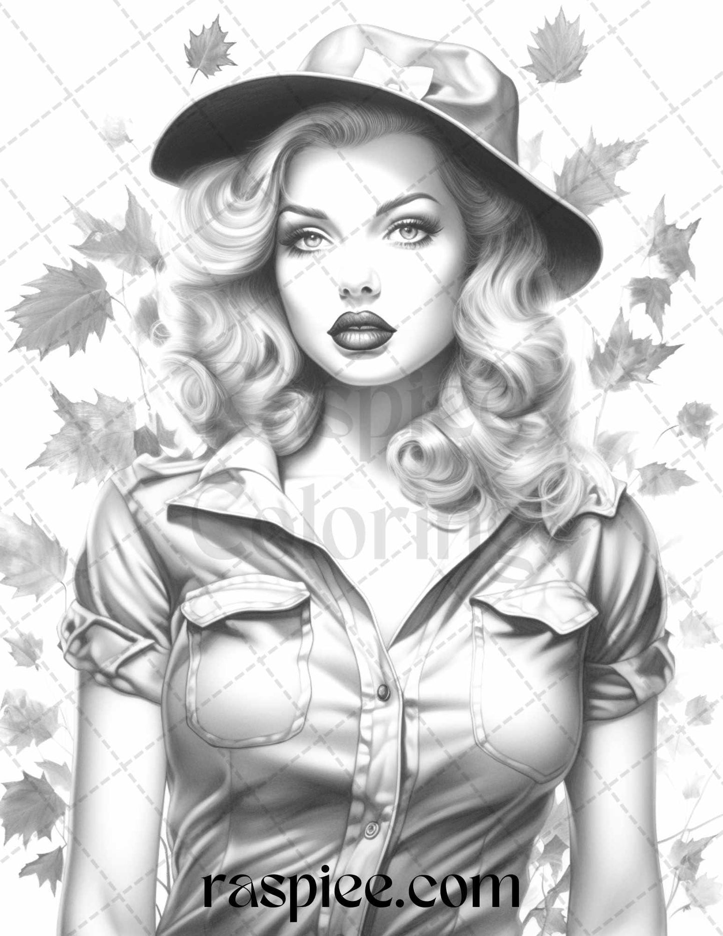 55 Autumn Pin Up Girls Grayscale Coloring Pages Printable for Adults, PDF File Instant Download