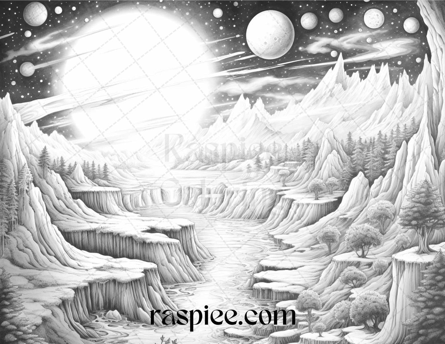 55 Celestial Landscapes Grayscale Coloring Pages Printable for Adults, PDF File Instant Download