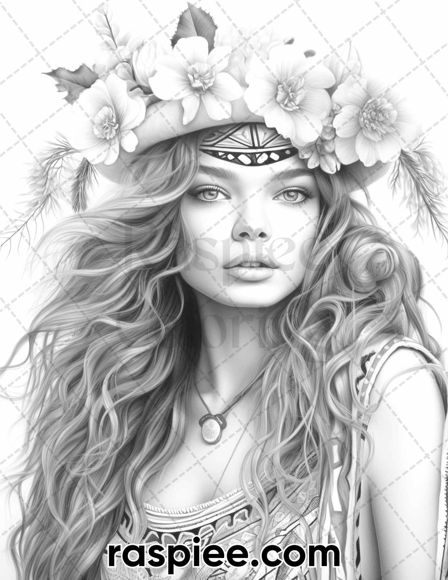 60 Bohemian Beauties Grayscale Coloring Pages for Adults, Printable PDF Instant Download