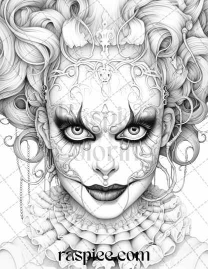 50 Scary Clown Girls Grayscale Coloring Pages Printable for Adults, PDF File Instant Download