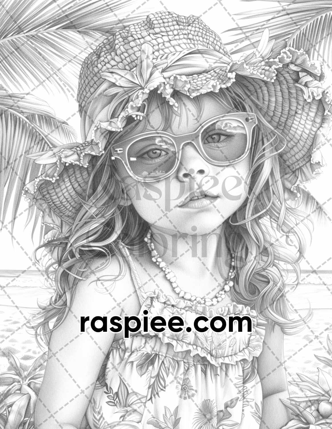 65 Summer Little Girls Portrait Grayscale Adult Coloring Pages Printable PDF Instant Download