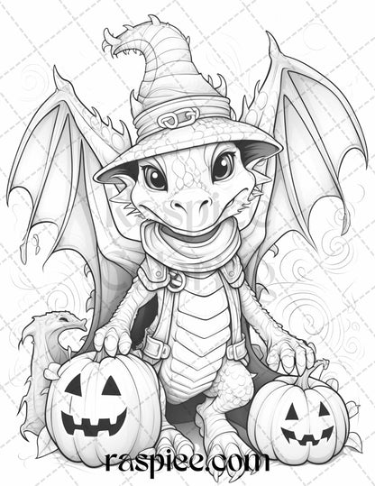 50 Cute Pumpkin Dragons Graycale Coloring Pages for Adults and Kids, Printable PDF File Instant Download