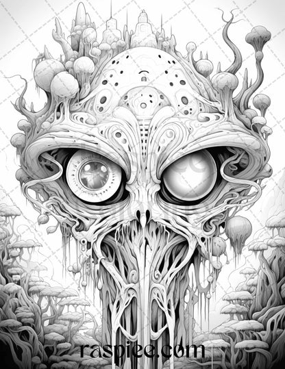 53 Surreal Creatures Grayscale Coloring Pages for Adults, Printable PDF File Instant Download