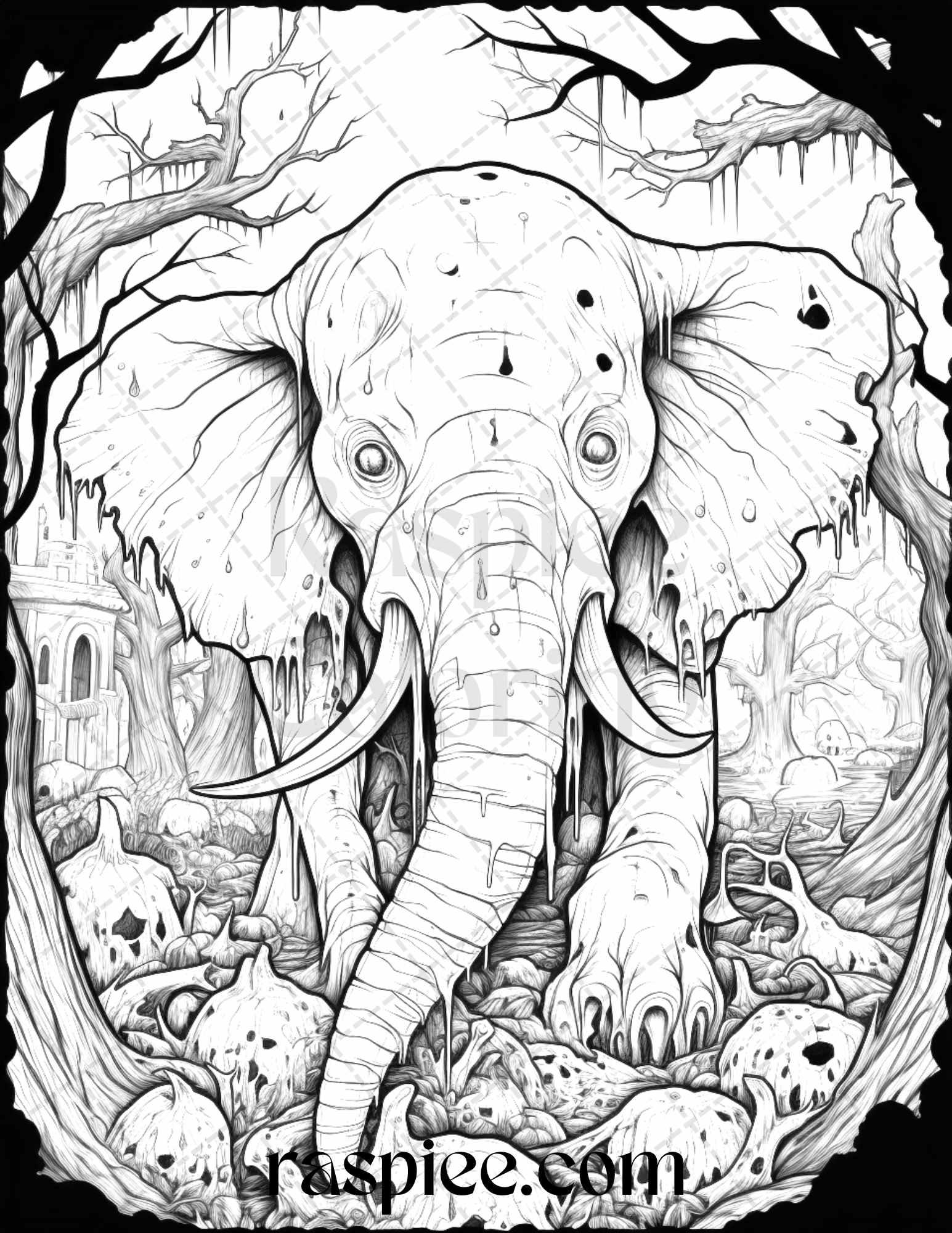 50 Halloween Scary Animals Grayscale Coloring Pages Printable for Adults, PDF File Instant Download
