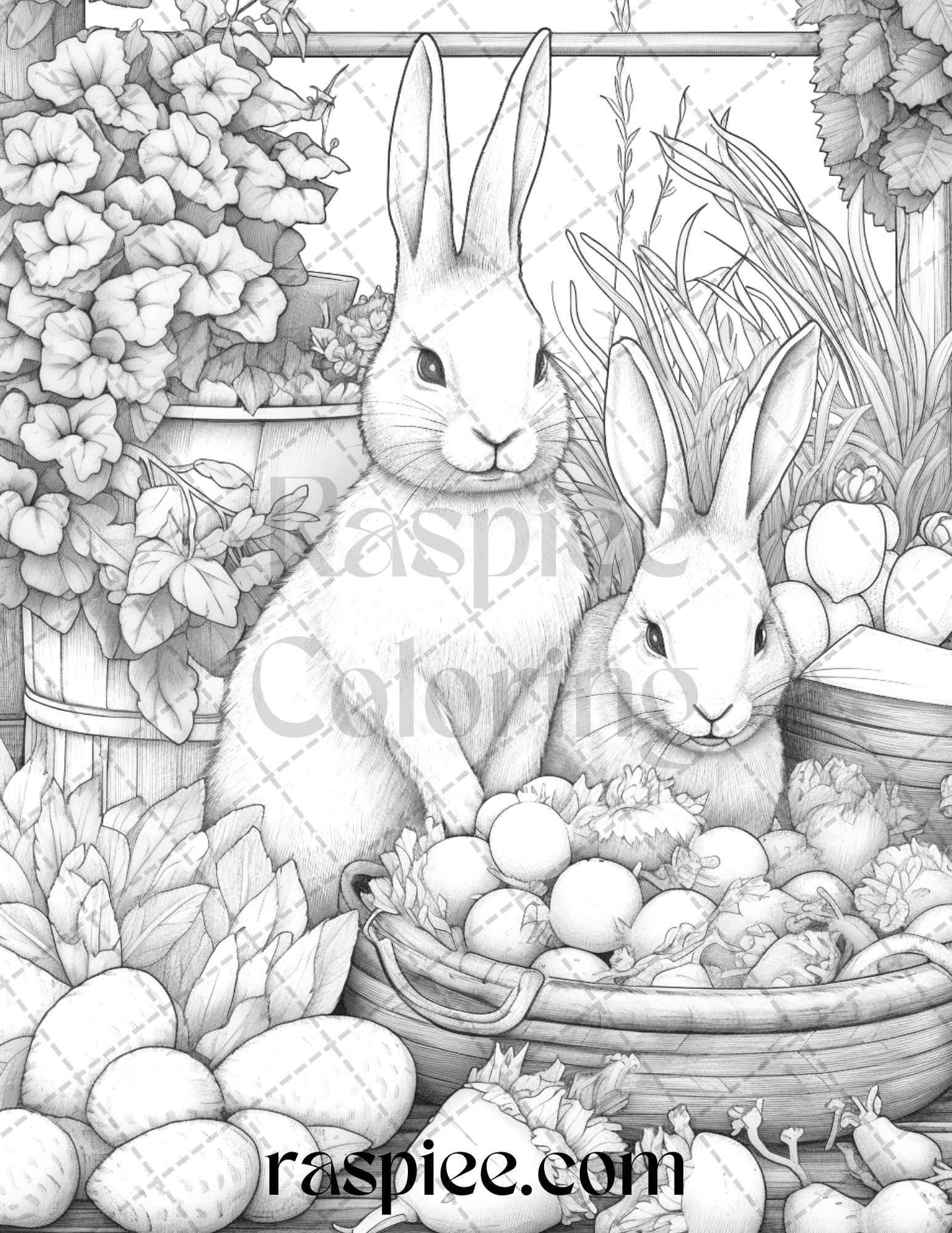 50 Rabbit Garden Grayscale Coloring Pages Printable for Adults, PDF File Instant Download