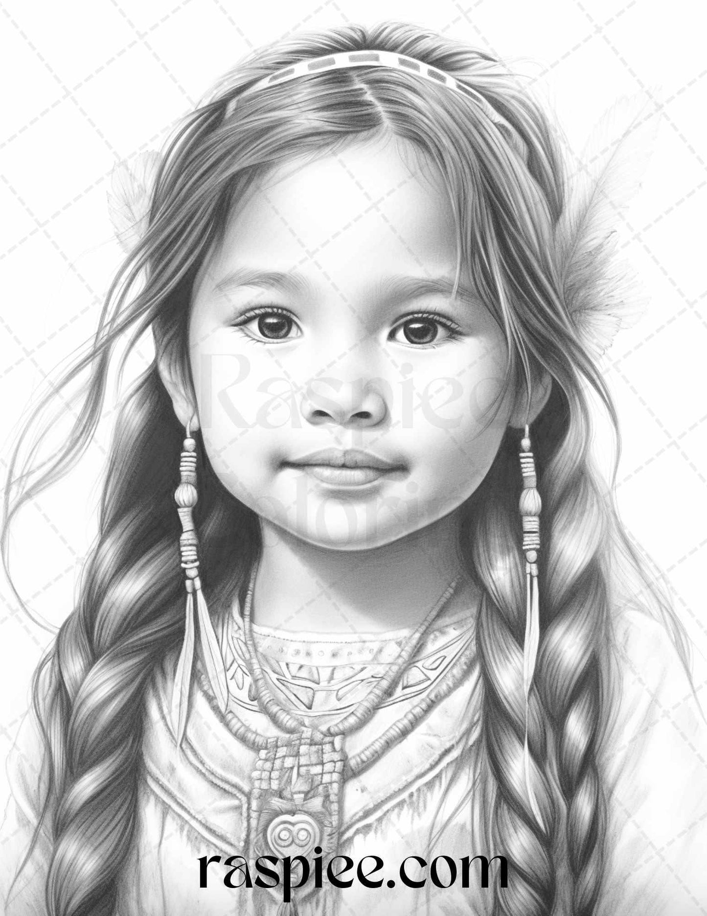 50 Native American Little Girls Boys Grayscale Coloring Pages Printable for Adults Kids, PDF File Instant Download