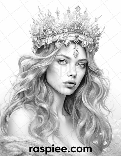 50 Winter Queens Portrait Grayscale Coloring Pages Printable for Adults, PDF File Instant Download