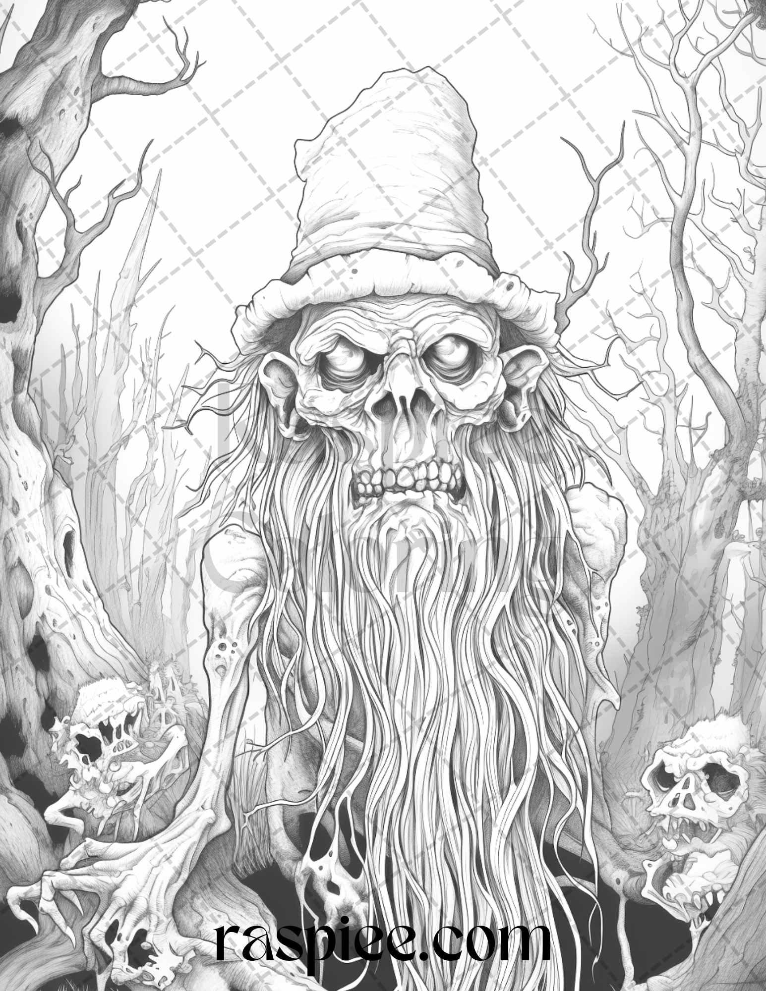 50 Horror Zombie Gnomes Grayscale Coloring Pages Printable for Adults, PDF File Instant Download