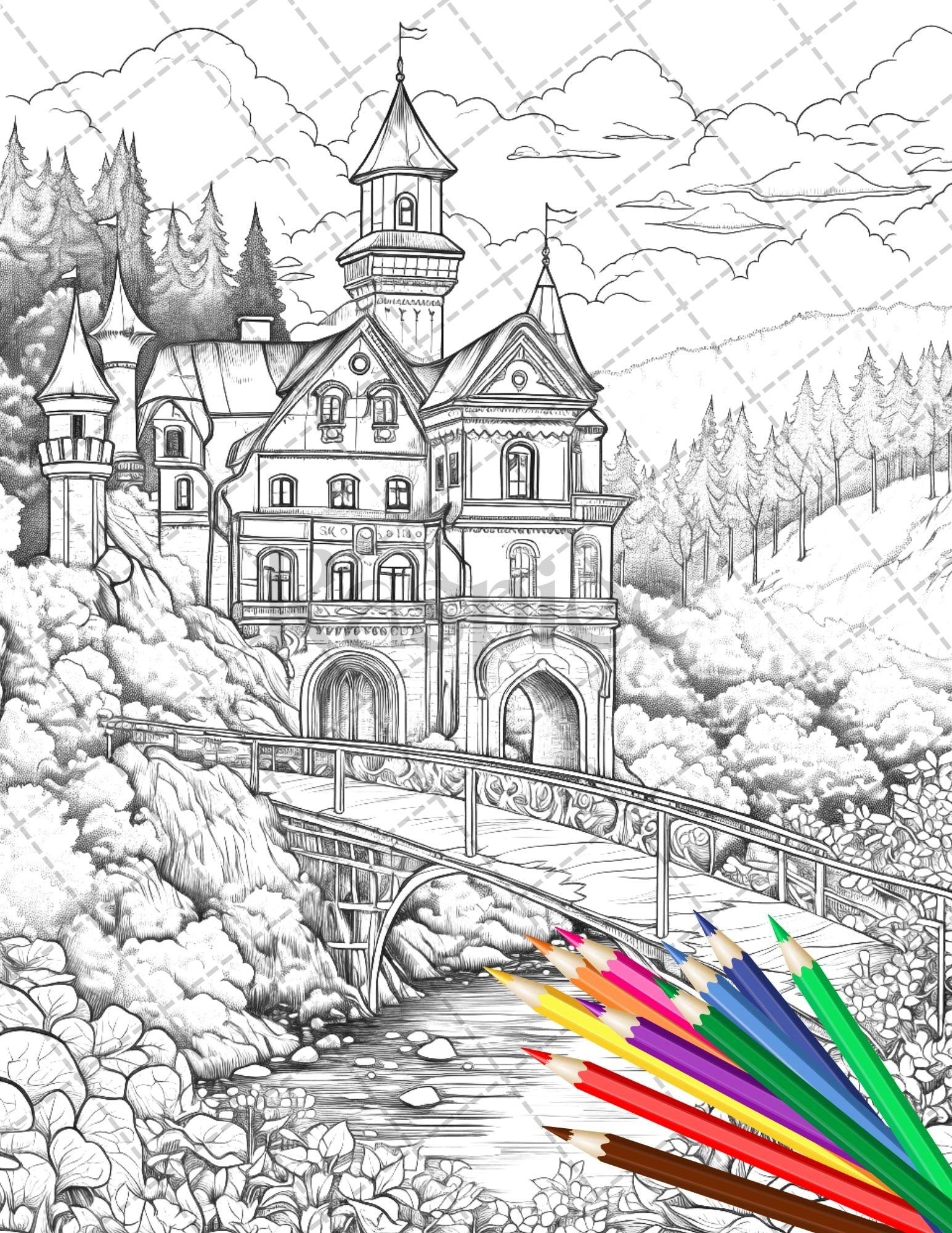 122 Fantasy Castles Coloring Book for Adults, Grayscale Coloring Page, Printable PDF Instant Download