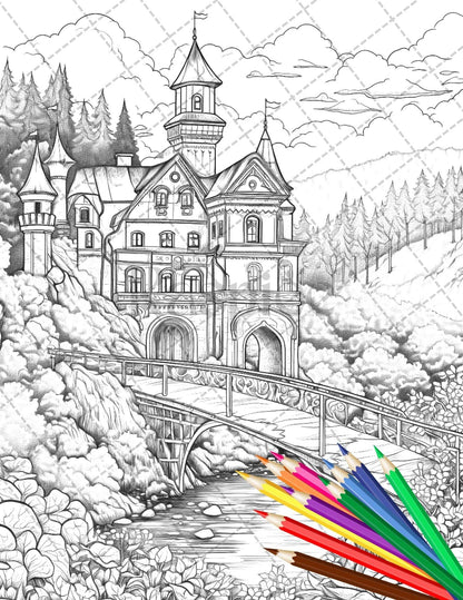 122 Fantasy Castles Coloring Book for Adults, Grayscale Coloring Page, Printable PDF Instant Download