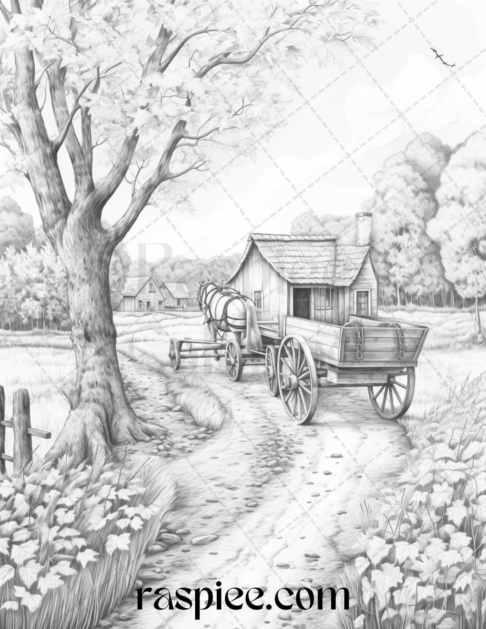 Autumn Scenery Grayscale Coloring Pages Printable for Adults, PDF File Instant Download