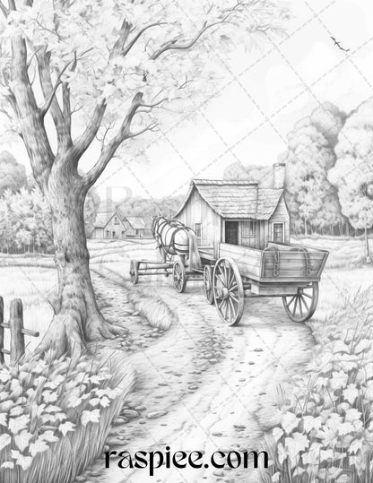 Autumn Scenery Grayscale Coloring Pages Printable for Adults, PDF File Instant Download