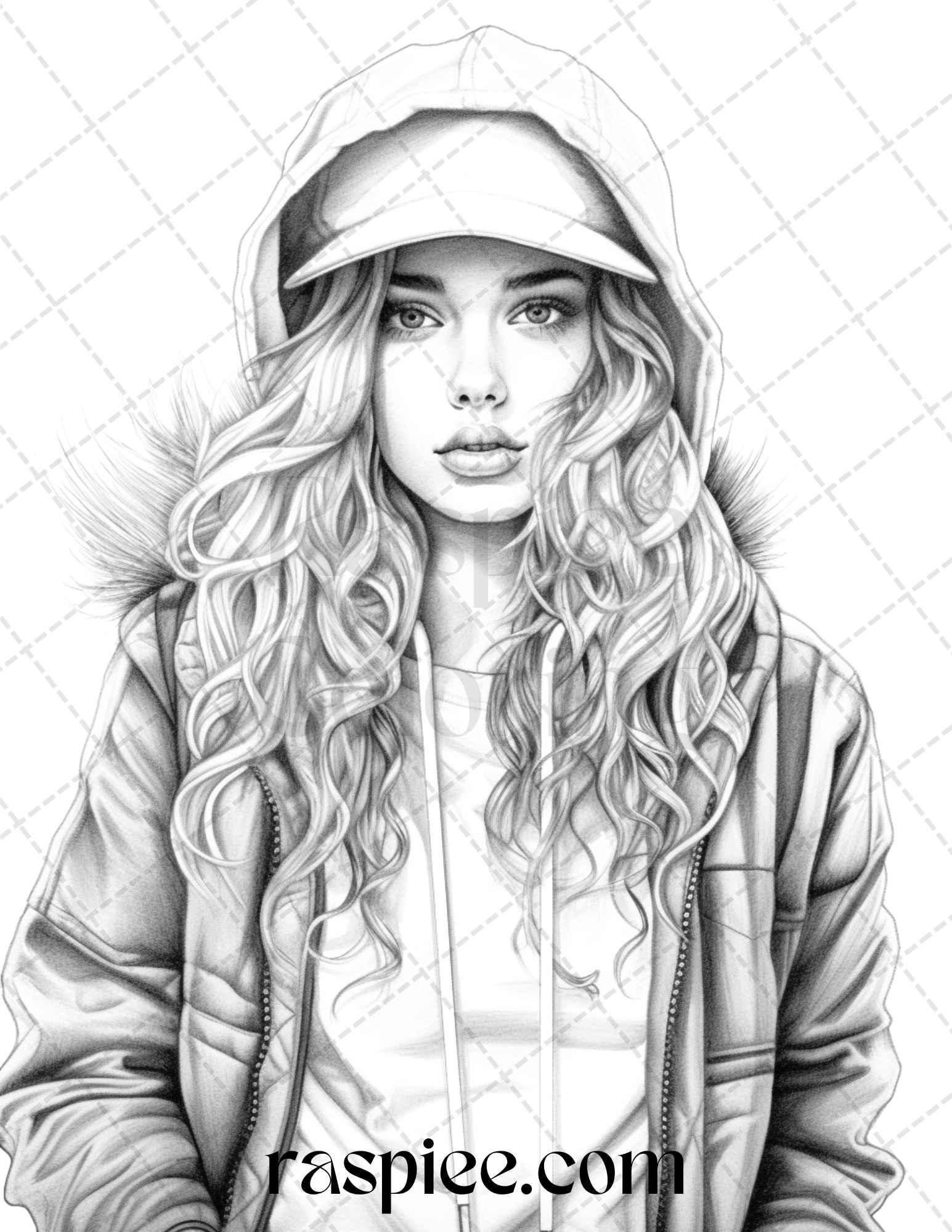 50 Streetwear Fashion Grayscale Coloring Pages Printable for Adults, PDF File Instant Download