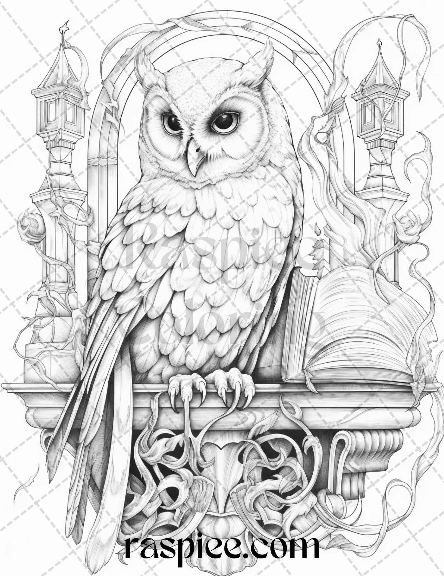 Halloween Witch Owl Grayscale Coloring Pages for Adults and Kids, Printable PDF Instant Download