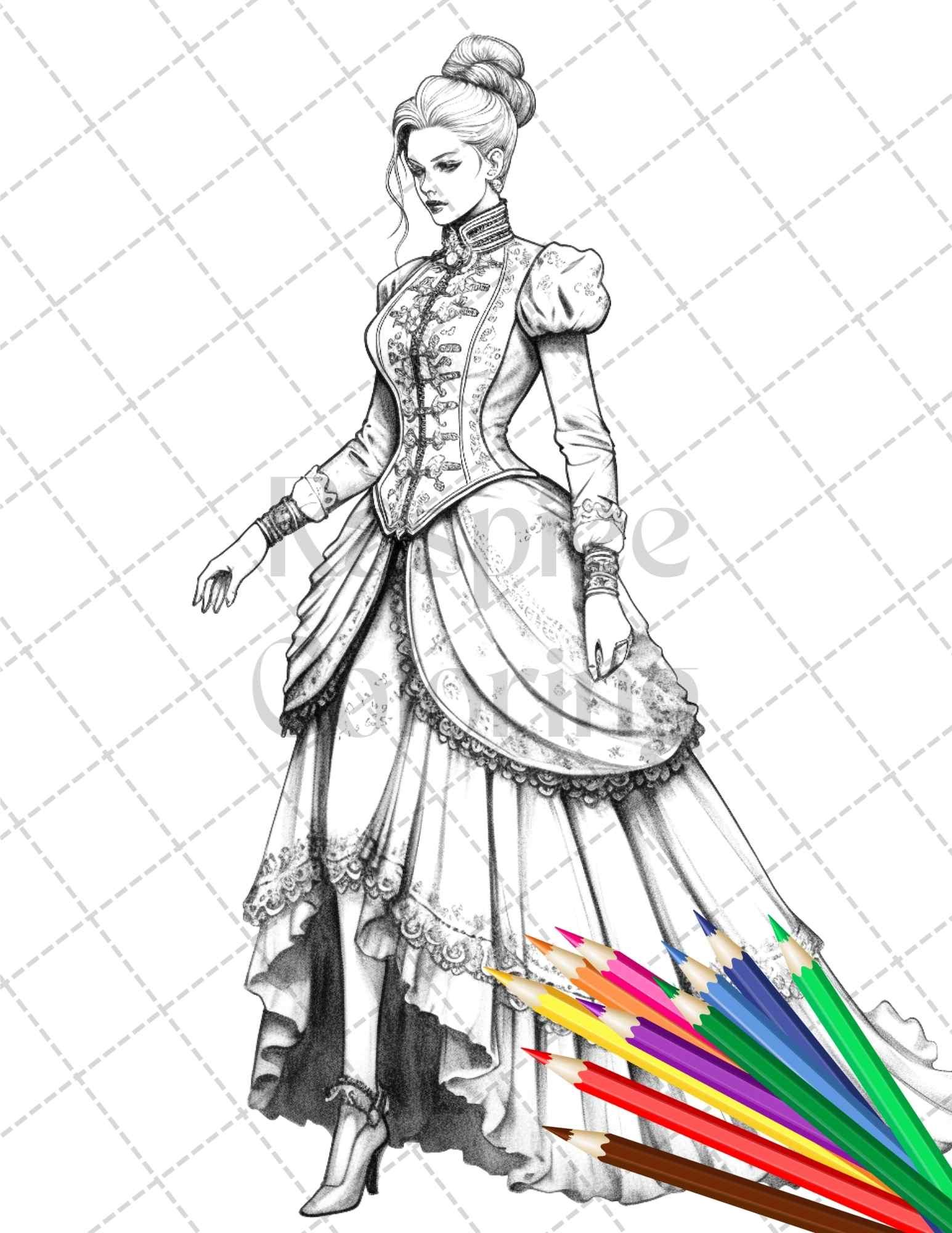 50 Victorian Fashion Grayscale Coloring Pages Printable for Adults, PDF File Instant Download