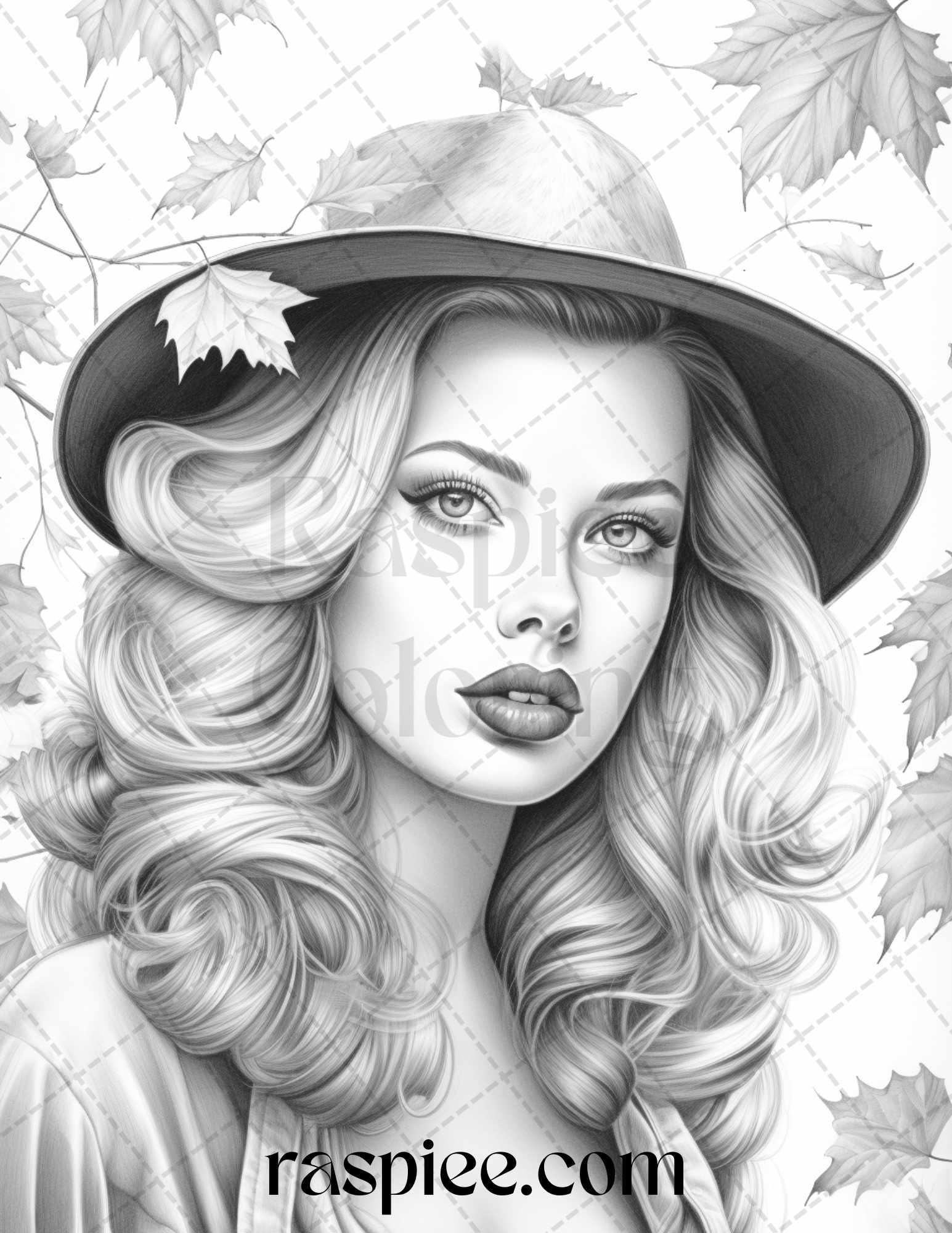 55 Autumn Pin Up Girls Grayscale Coloring Pages Printable for Adults, PDF File Instant Download