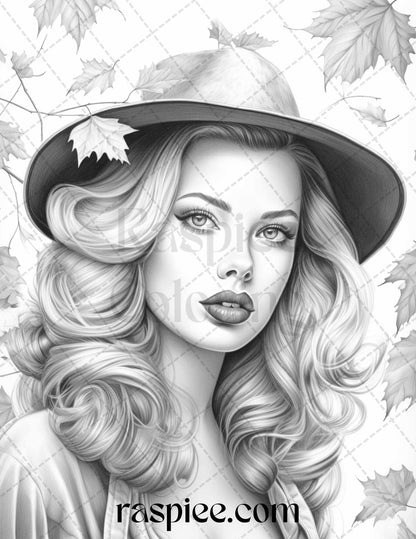 55 Autumn Pin Up Girls Grayscale Coloring Pages Printable for Adults, PDF File Instant Download