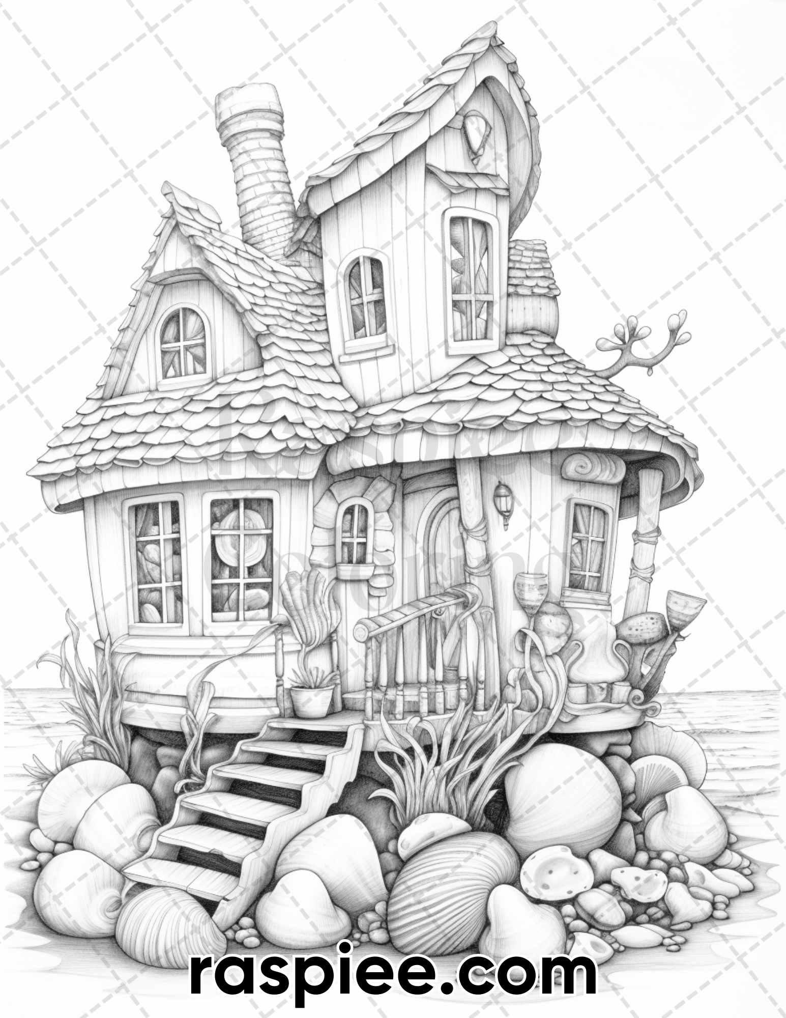 50 Seashell Houses Grayscale Adult Coloring Pages, Printable PDF Instant Download