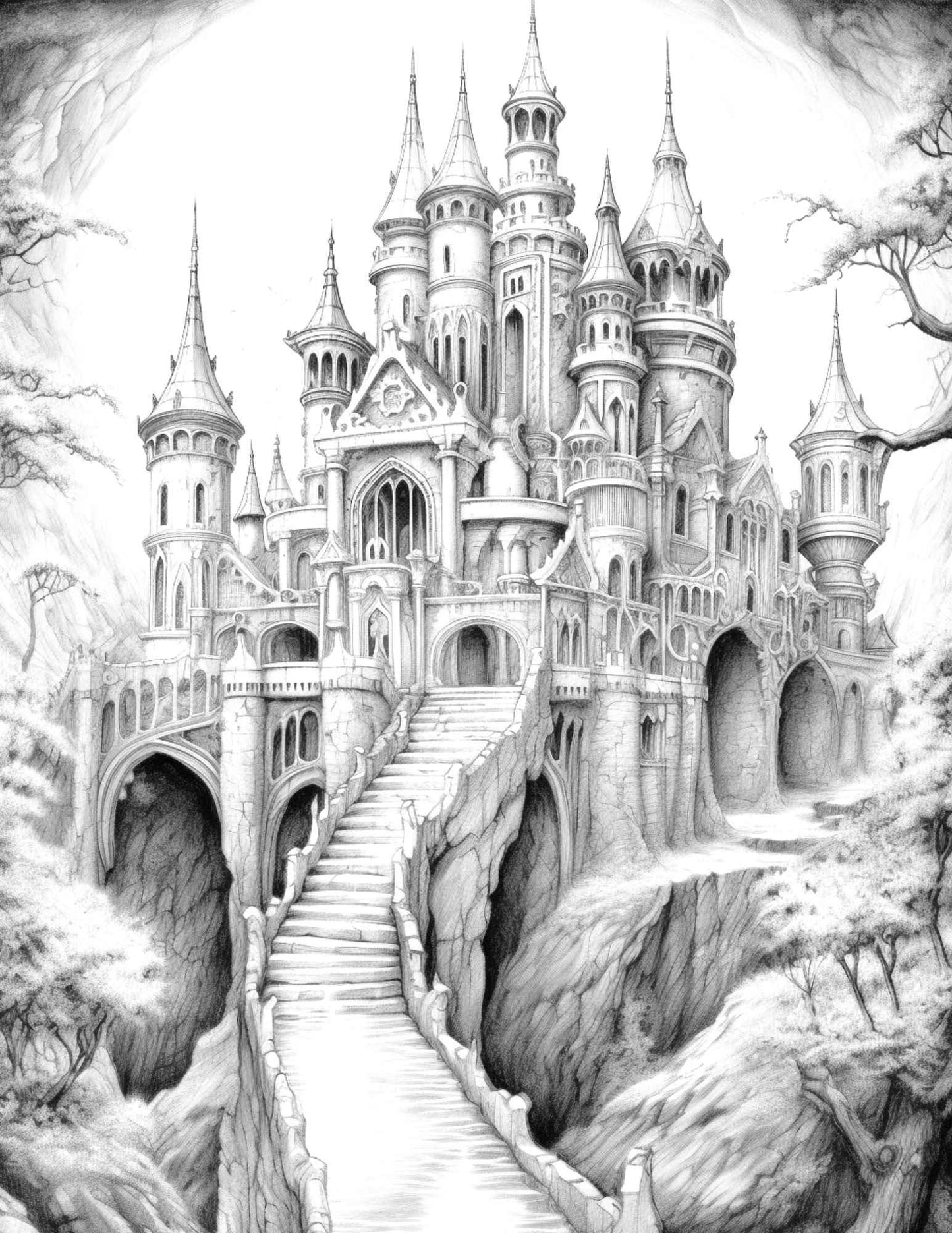50 Haunted Castles Grayscale Coloring Pages Printable, Halloween Coloring Book, PDF File Instant Download