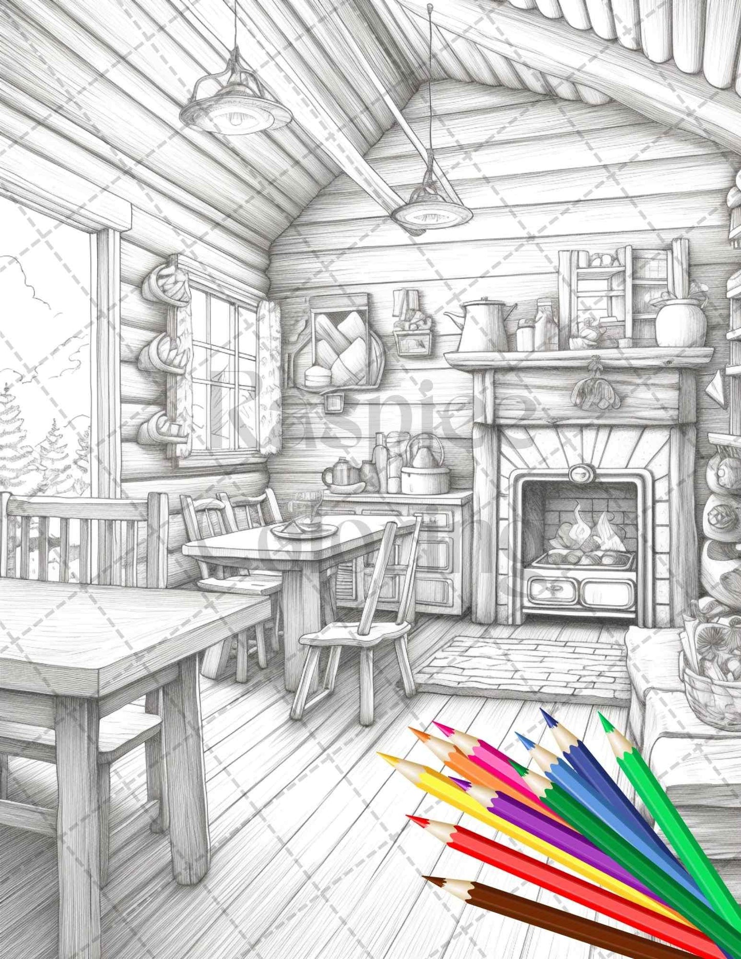 Cozy Cabin Interior Grayscale Coloring Pages Printable for Adults, PDF File Instant Download