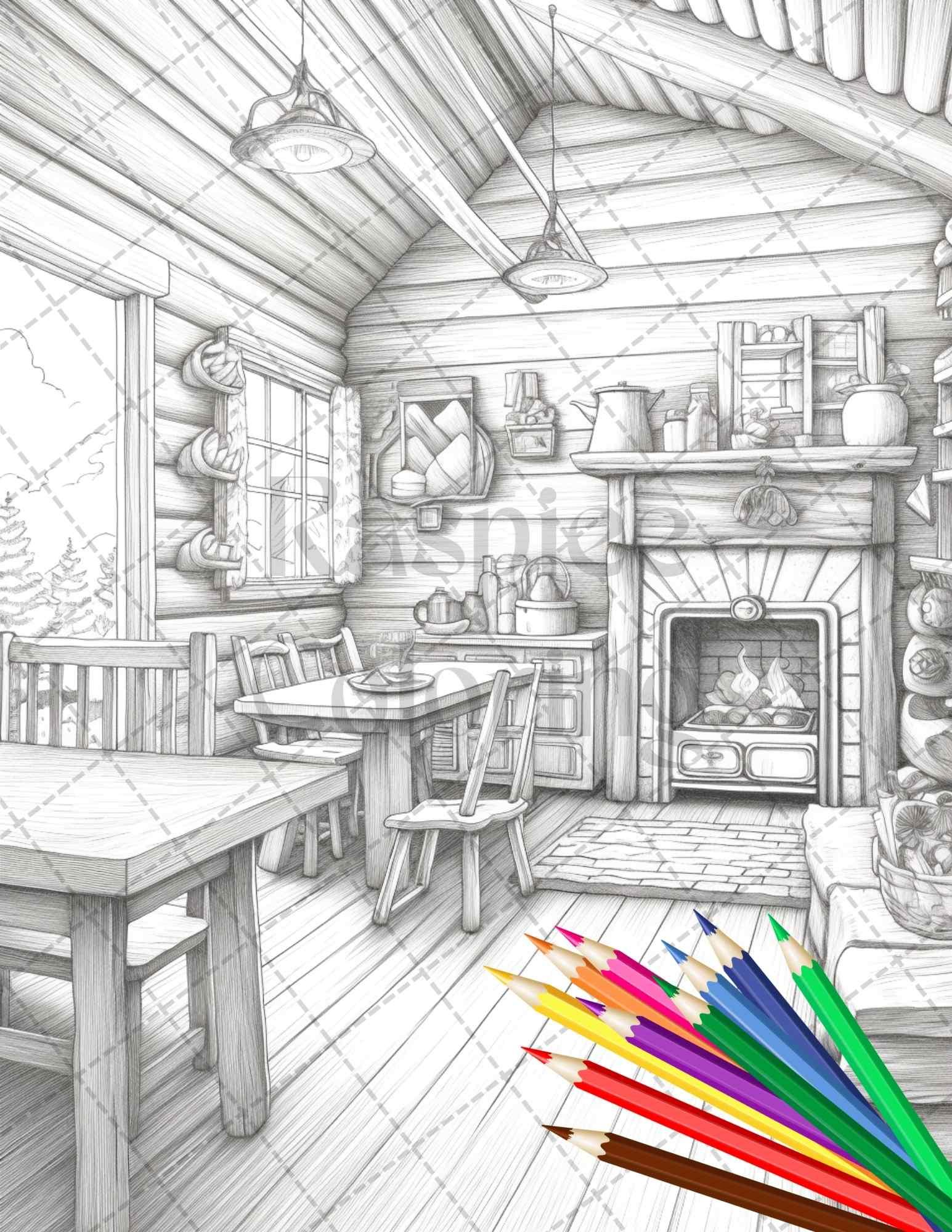 Cozy Cabin Interior Grayscale Coloring Pages Printable for Adults, PDF File Instant Download