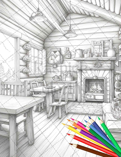 Cozy Cabin Interior Grayscale Coloring Pages Printable for Adults, PDF File Instant Download