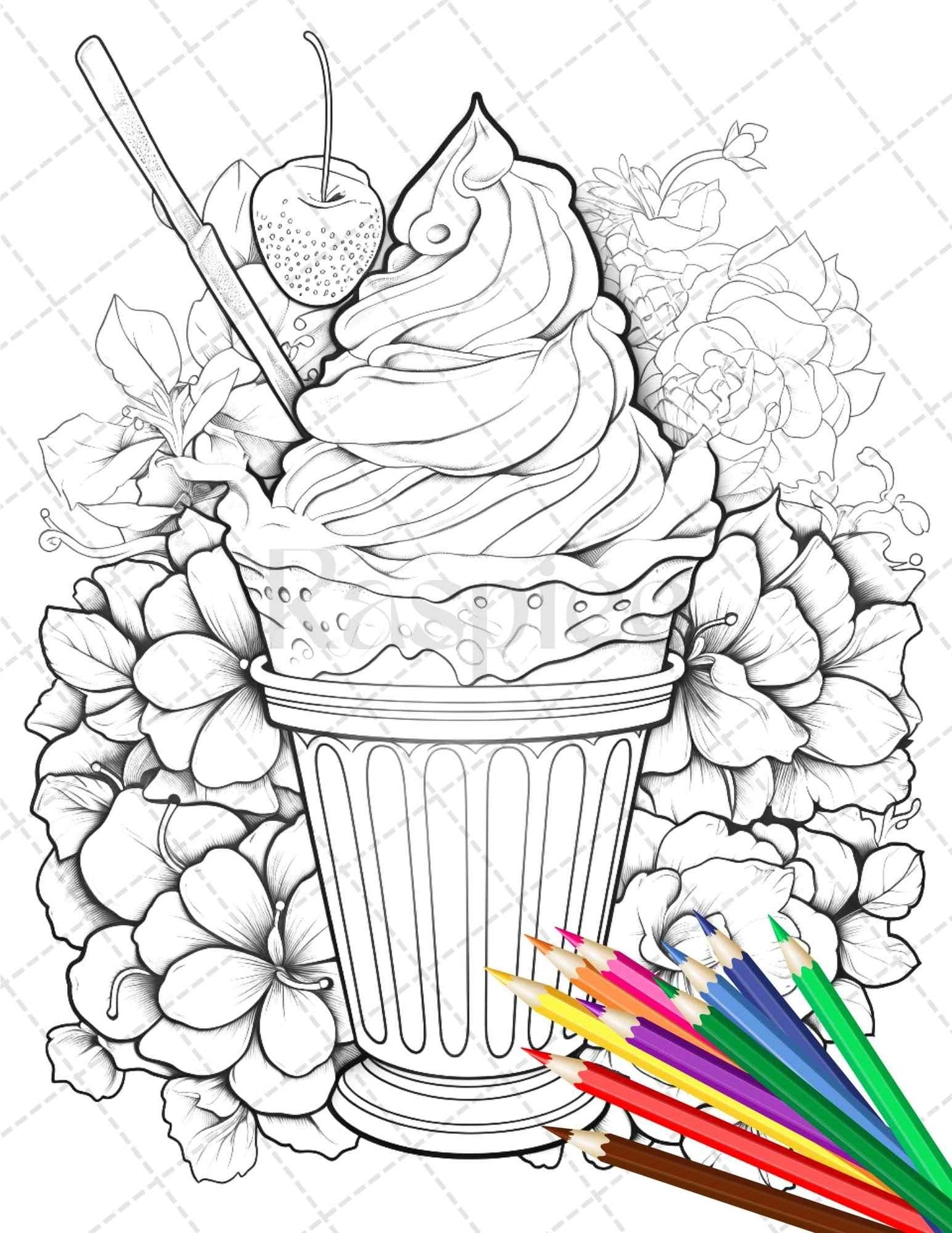 52 Printable Ice Cream Desserts Coloring Pages for Adults and Kids, Grayscale Coloring Page, PDF File Instant Download