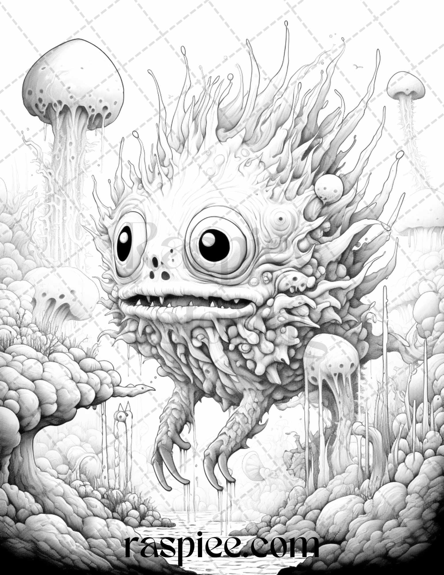 53 Surreal Creatures Grayscale Coloring Pages for Adults, Printable PDF File Instant Download